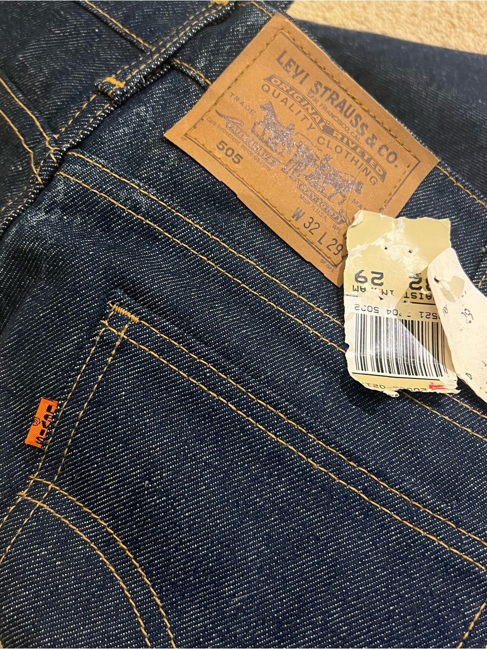 Orange Tab Levi's 505 Men's Straight Jeans in Dark Indigo with Tan Patch
